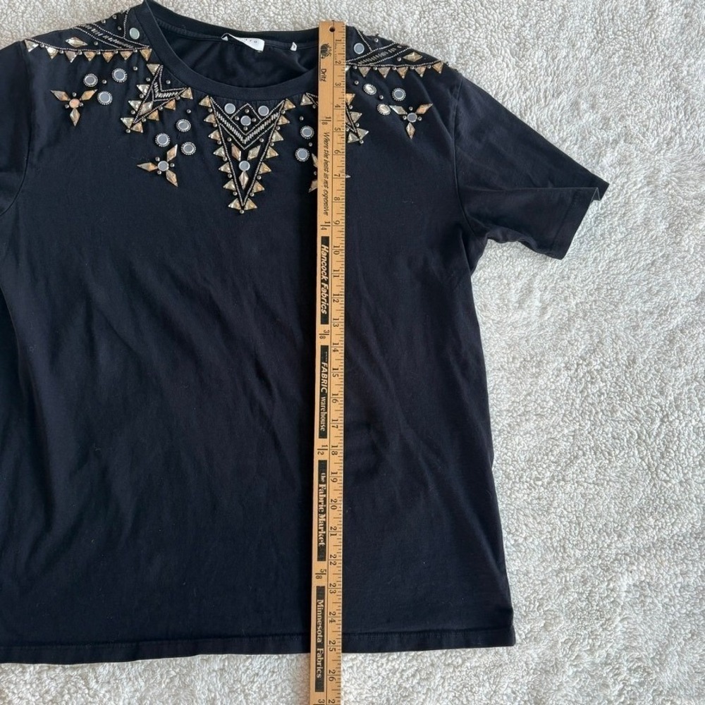 Sandro Paris Black Embellished Beaded Jewel Neck Short Sleeve T-Shirt No Size - Picture 8 of 13